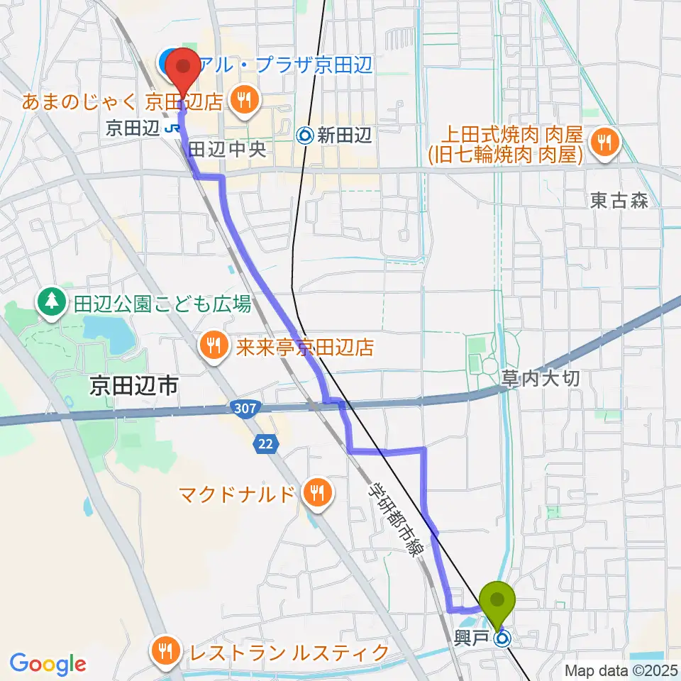興戸駅からJEUGIAミュージックセンター アル・プラザ京田辺へのルートマップ地図