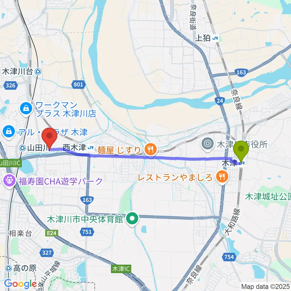 木津駅からJEUGIA 木津センターへのルートマップ地図
