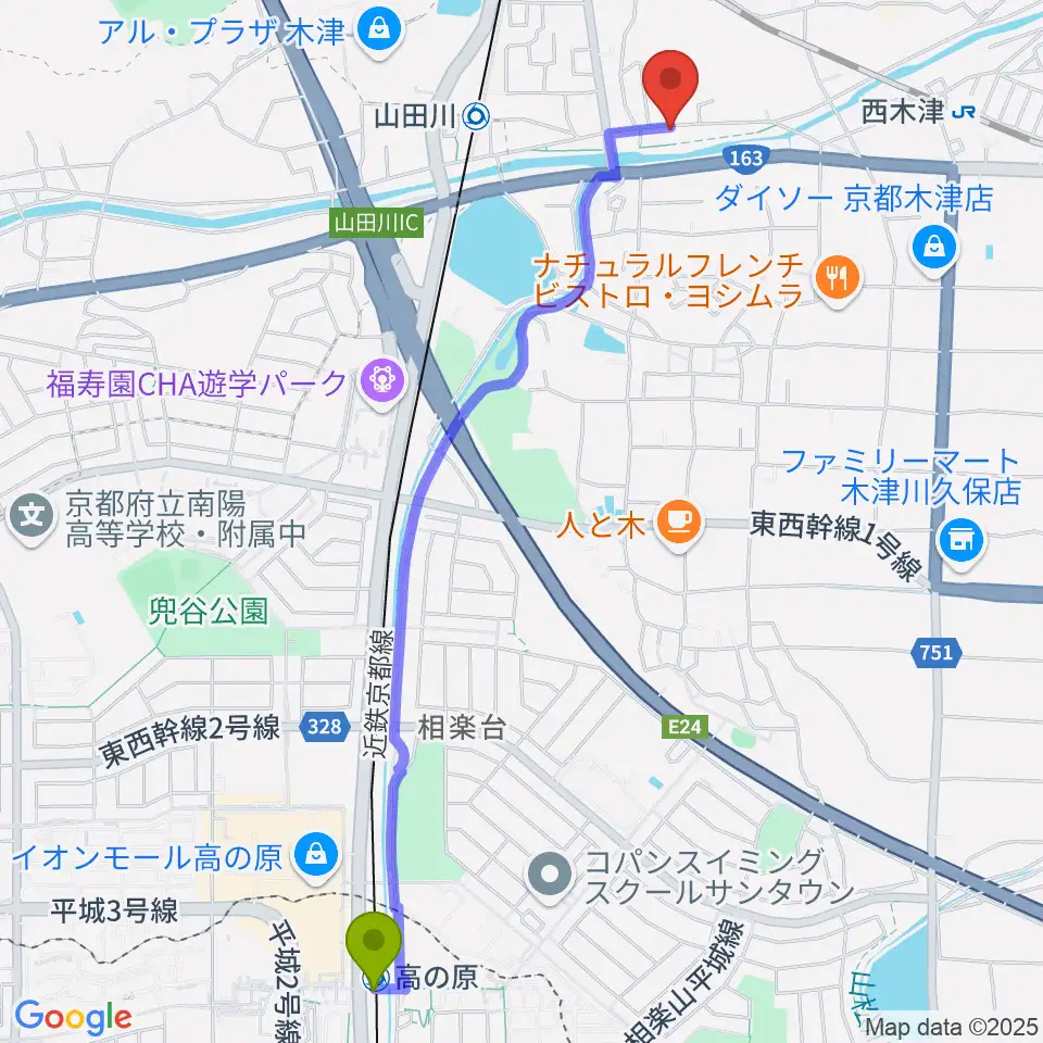 高の原駅からJEUGIA 木津センターへのルートマップ地図