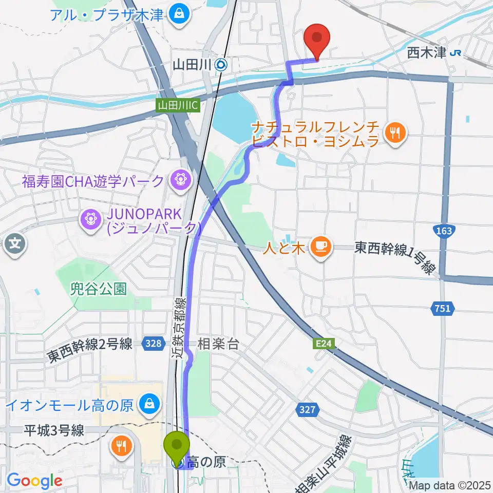 高の原駅からJEUGIA 木津センターへのルートマップ地図