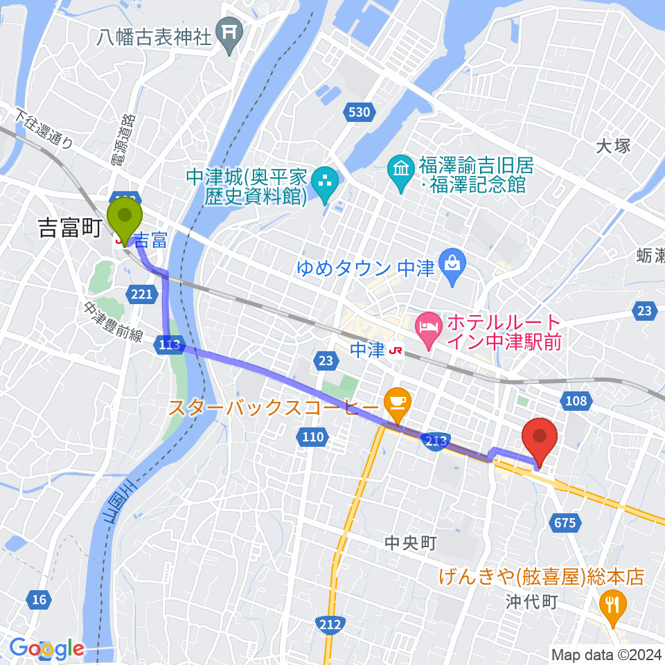 吉富駅からミュージックストアナガト中津店へのルートマップ地図
