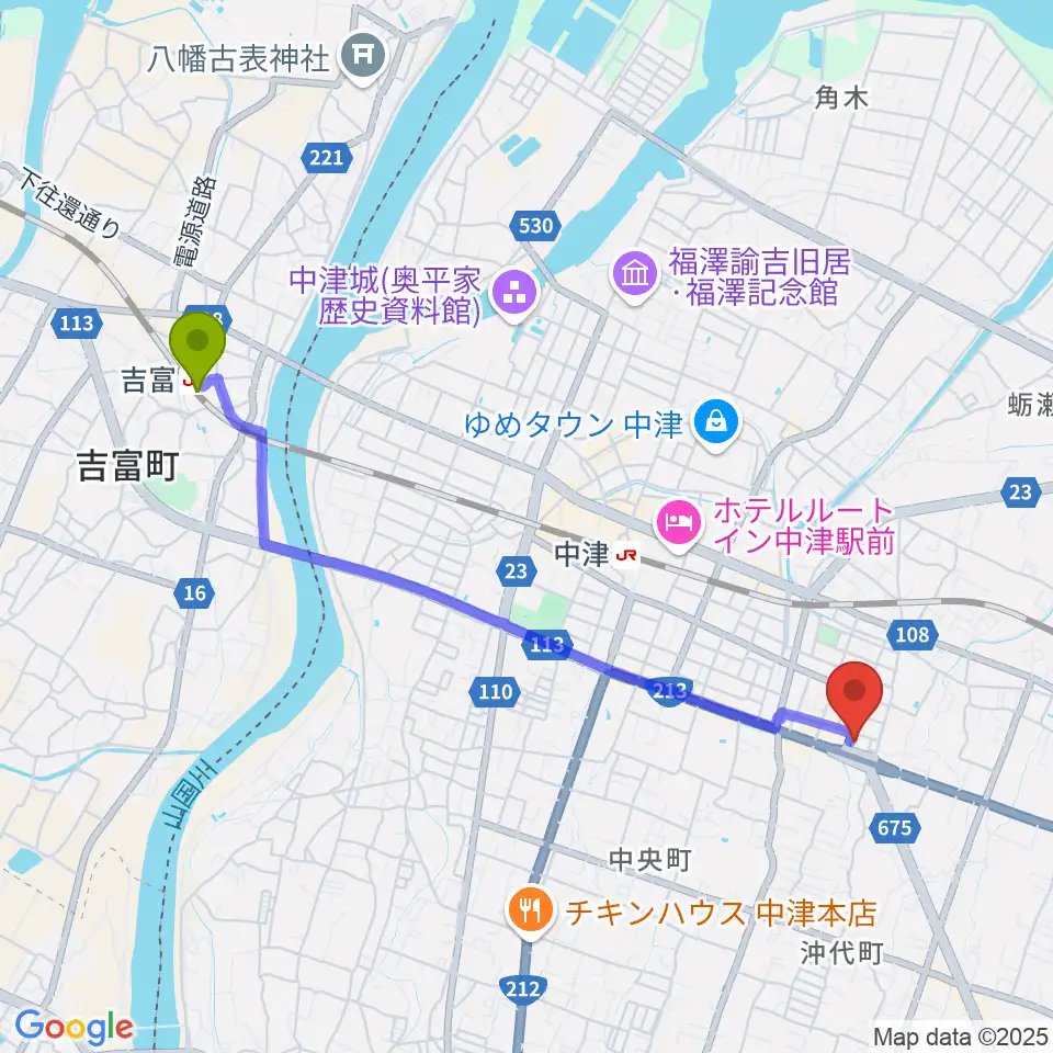 吉富駅からミュージックストアナガト中津店へのルートマップ地図