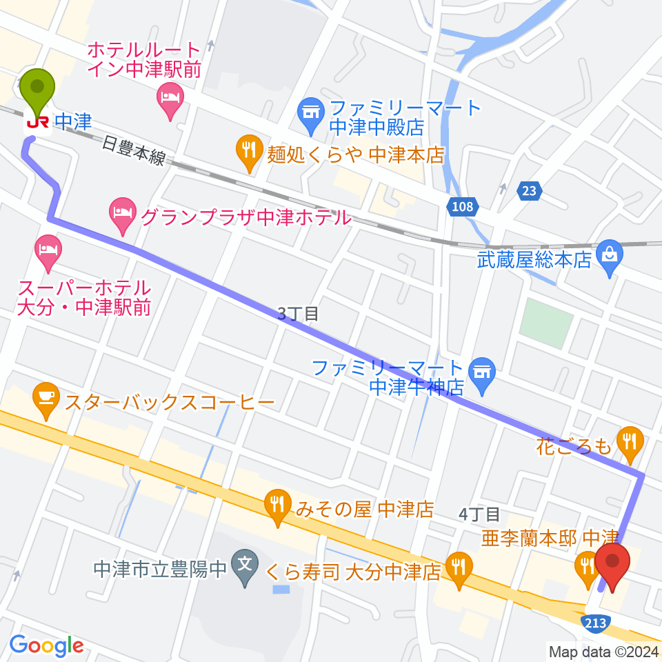ミュージックストアナガト中津店の最寄駅中津駅からの徒歩ルート（約18分）地図