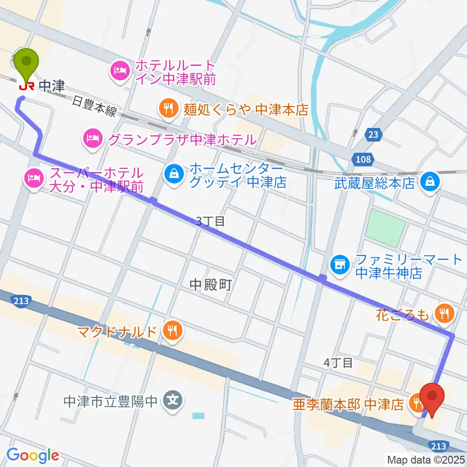 ミュージックストアナガト中津店の最寄駅中津駅からの徒歩ルート（約18分）地図