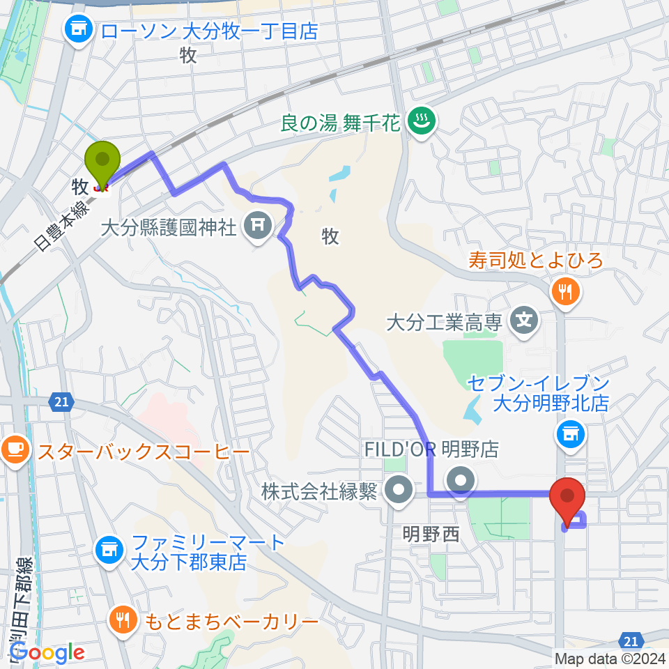 ミュージックストアナガト明野センターの最寄駅牧駅からの徒歩ルート（約27分）地図