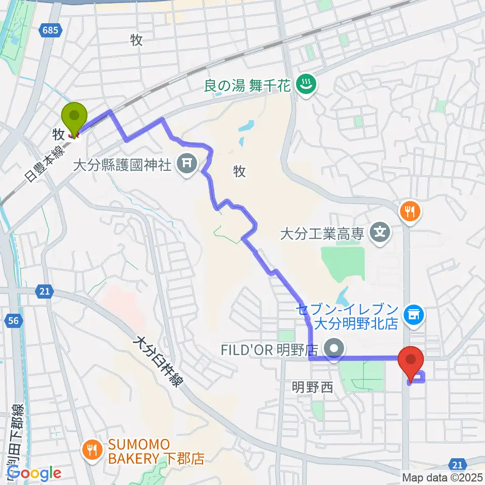 ミュージックストアナガト明野センターの最寄駅牧駅からの徒歩ルート（約27分）地図