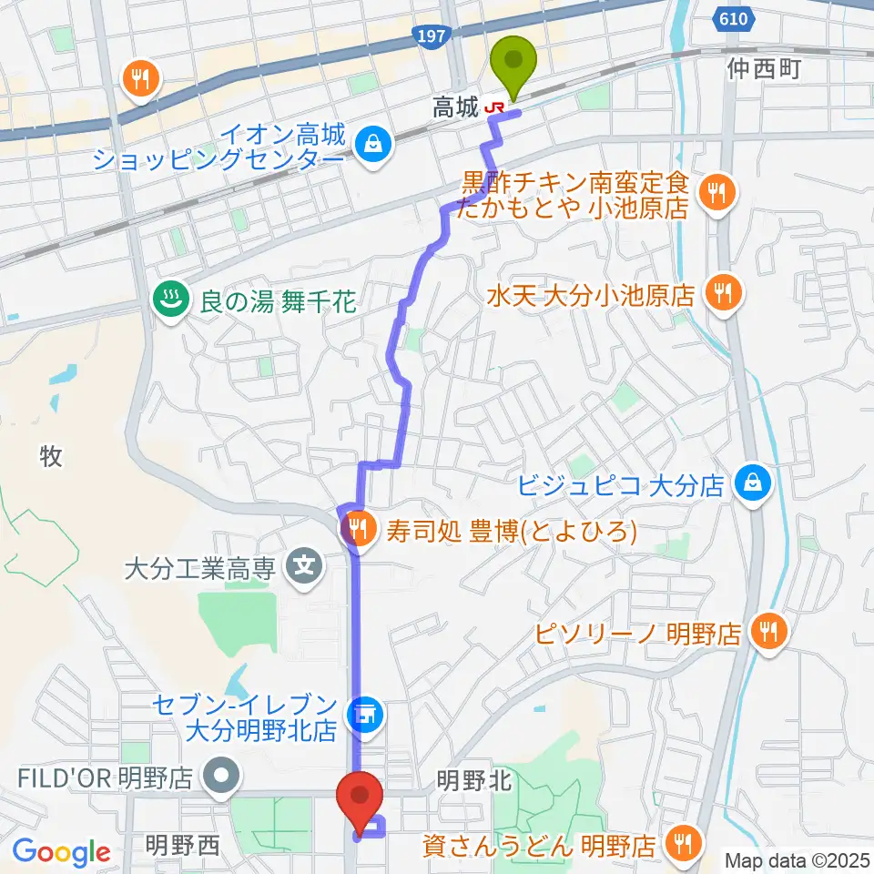 高城駅からミュージックストアナガト明野センターへのルートマップ地図