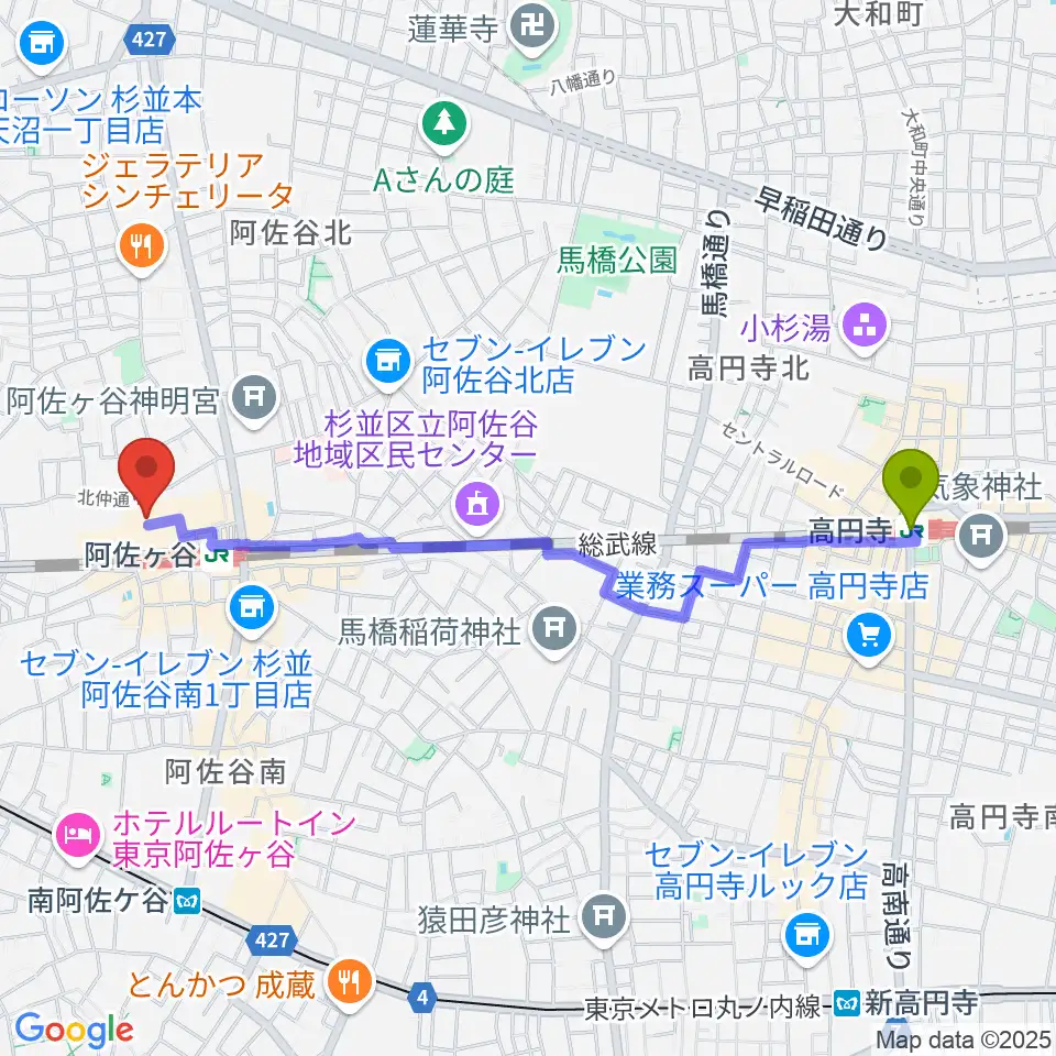 高円寺駅からラピュタ阿佐谷へのルートマップ地図