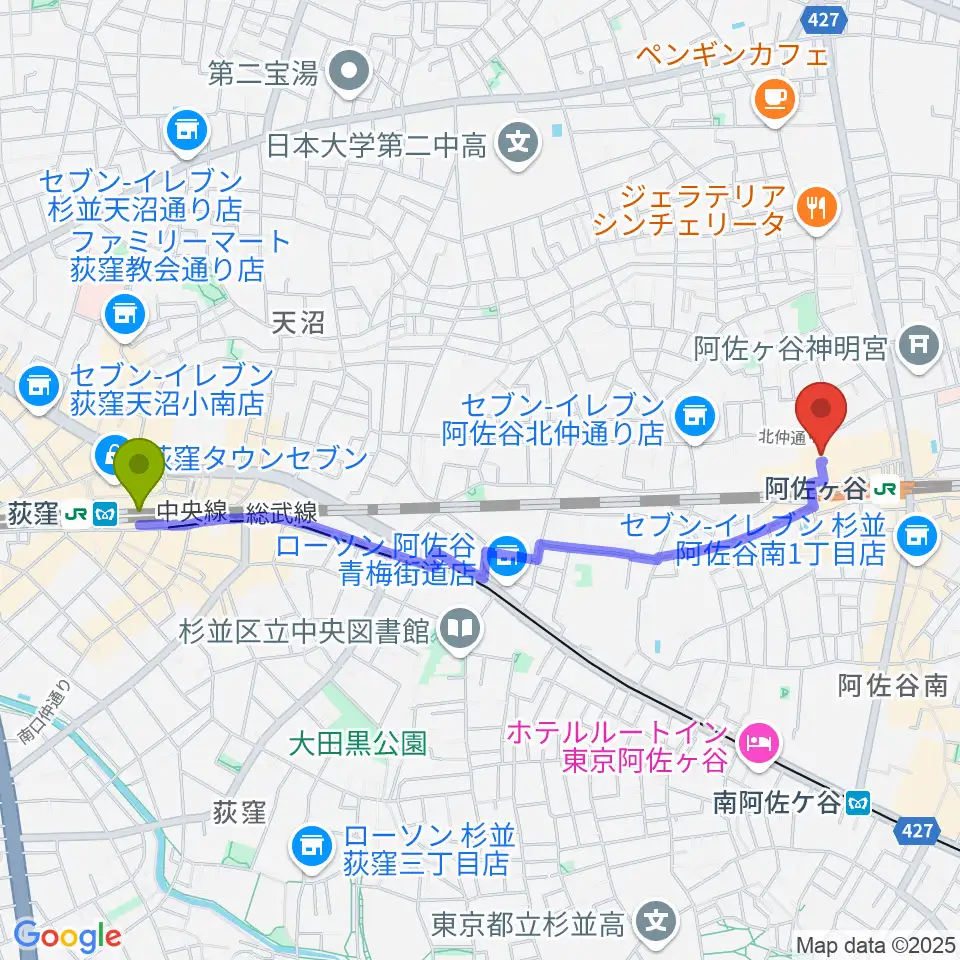 荻窪駅からラピュタ阿佐谷へのルートマップ地図