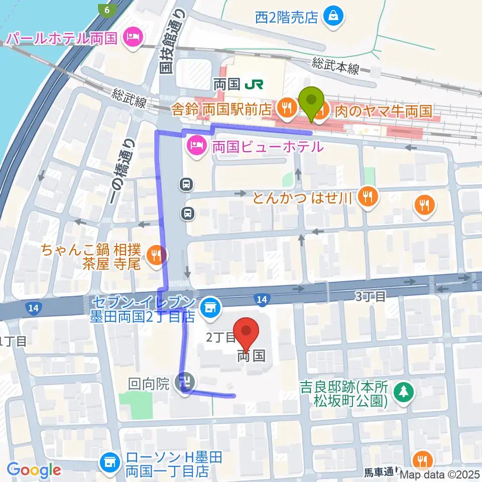 両国シアタ－カイの最寄駅両国駅からの徒歩ルート（約4分）地図