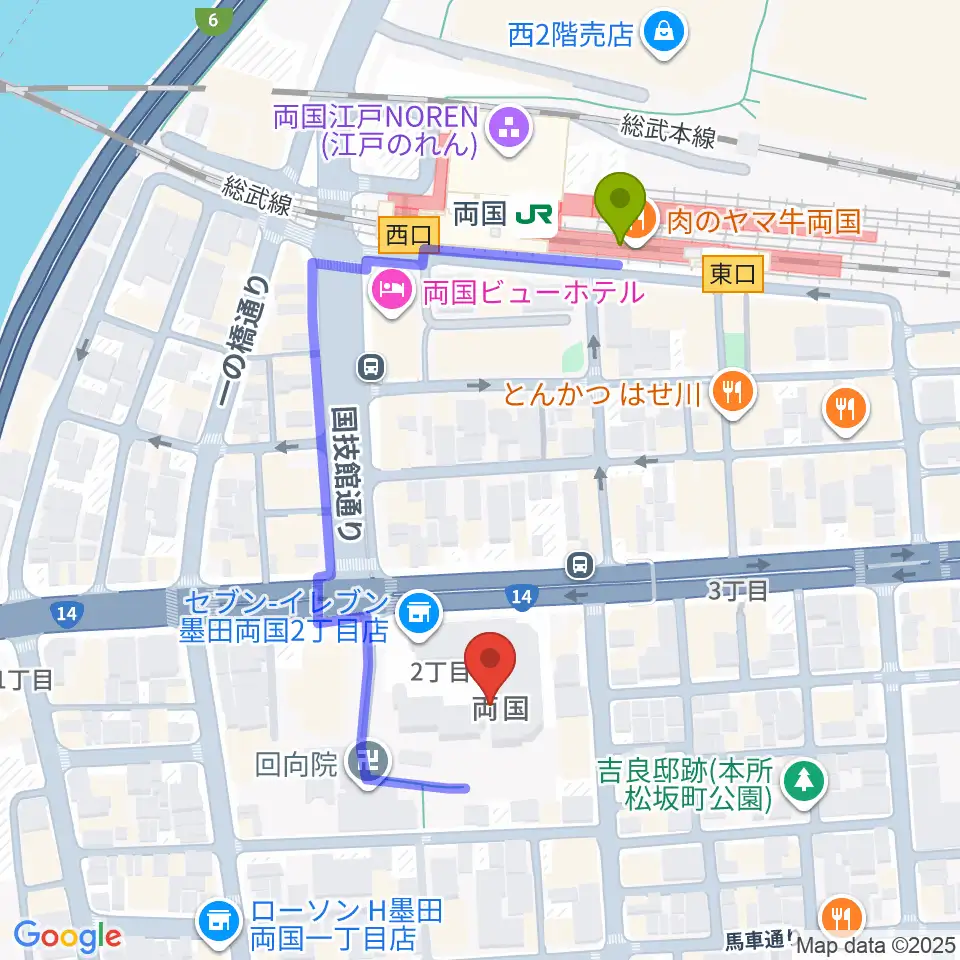 両国シアタ－カイの最寄駅両国駅からの徒歩ルート（約4分）地図