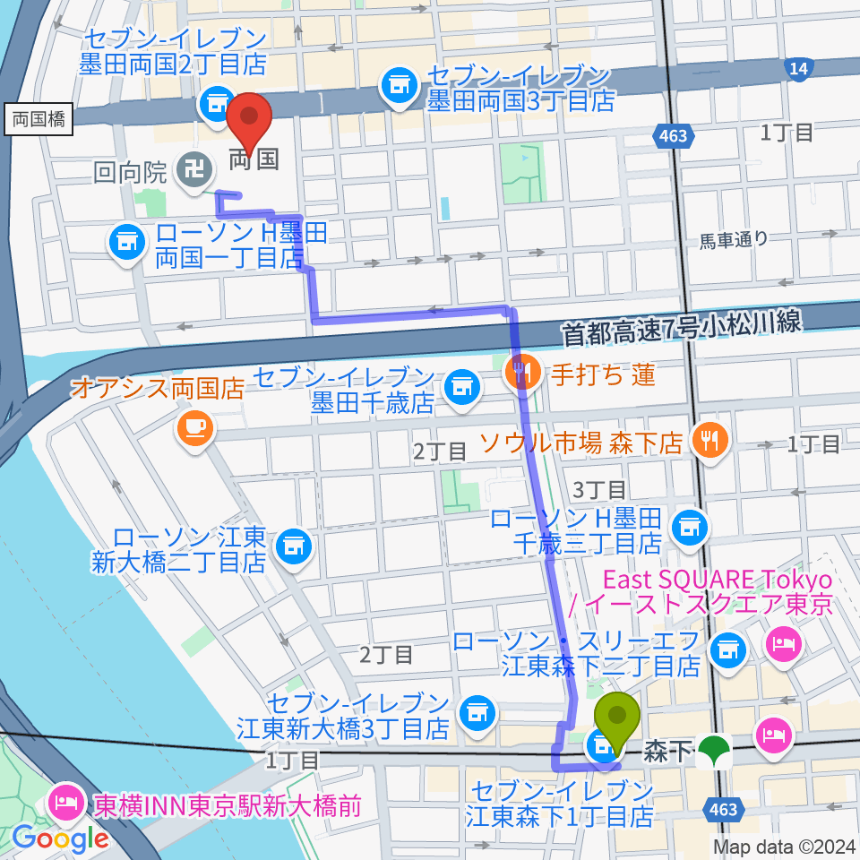 森下駅から両国シアタ－カイへのルートマップ地図