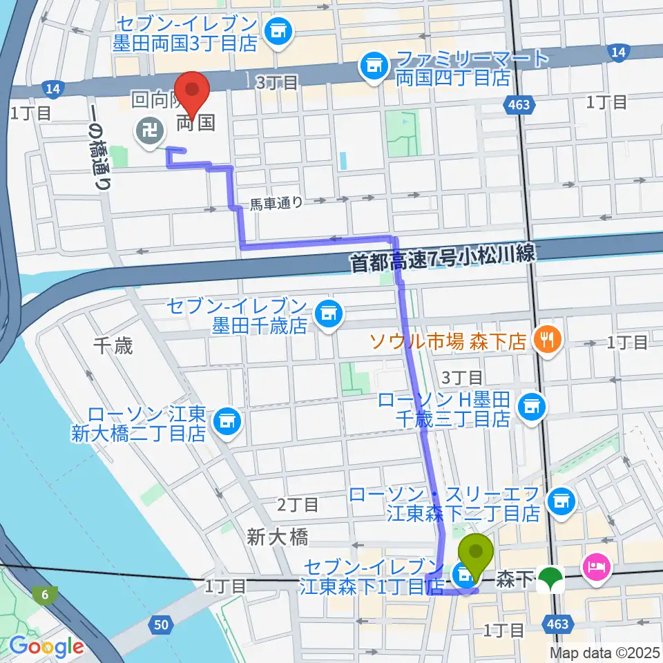 森下駅から両国シアタ－カイへのルートマップ地図