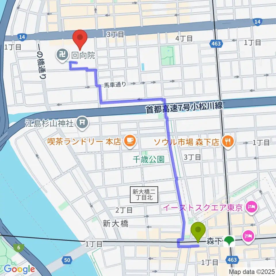 森下駅から両国シアタ－カイへのルートマップ地図