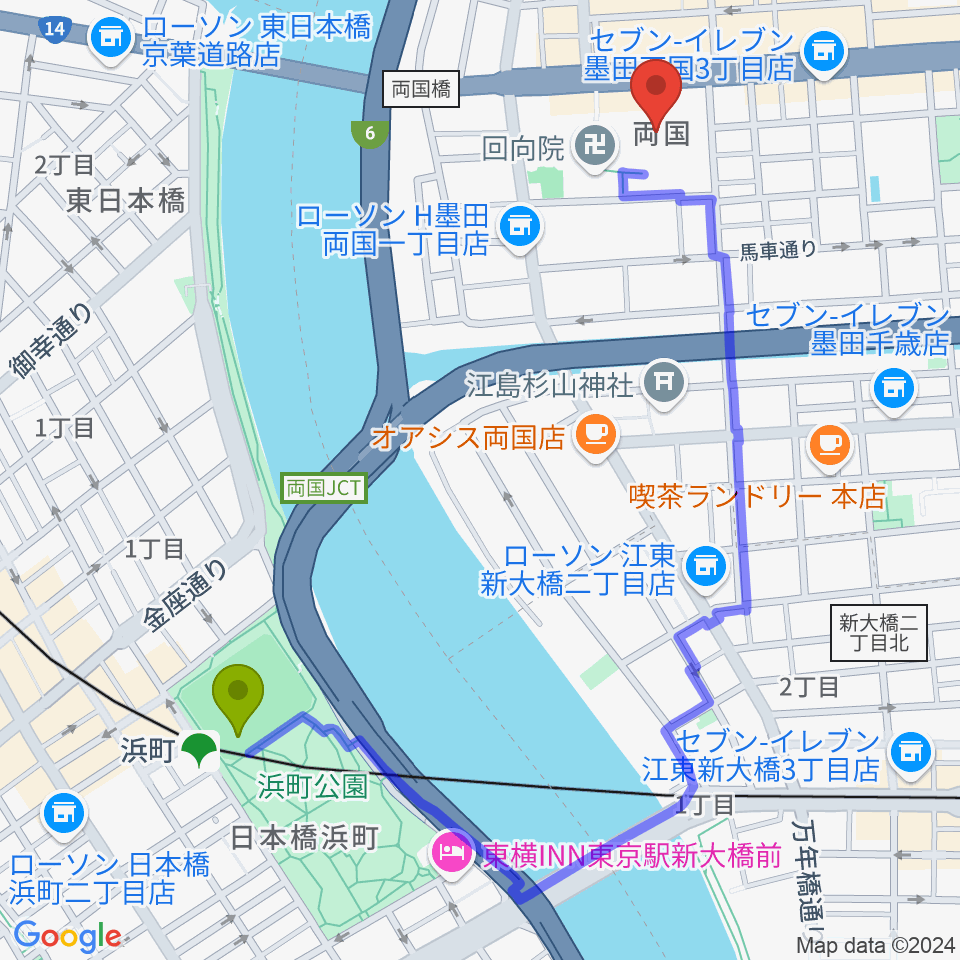 浜町駅から両国シアタ－カイへのルートマップ地図