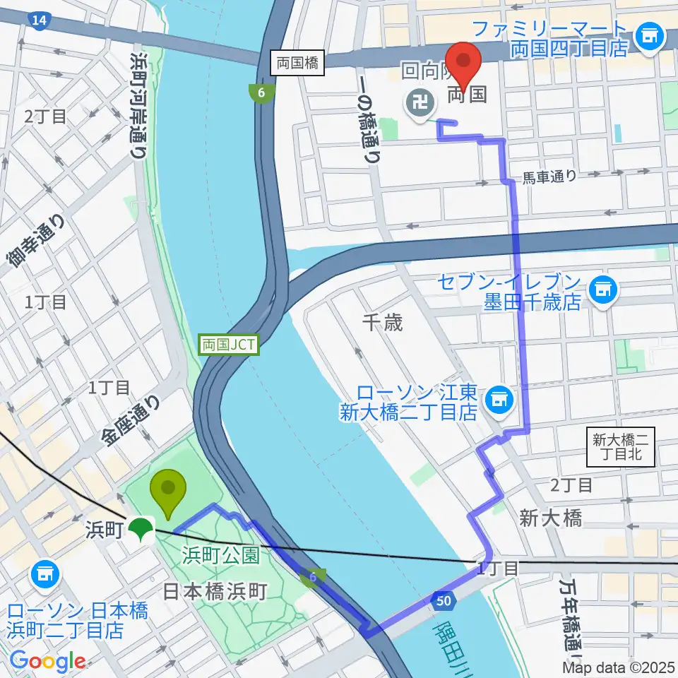 浜町駅から両国シアタ－カイへのルートマップ地図