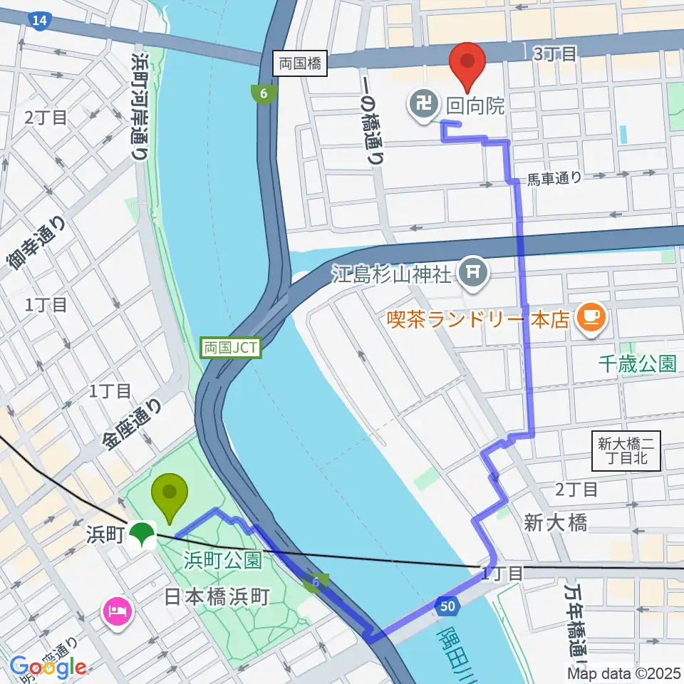 浜町駅から両国シアタ－カイへのルートマップ地図