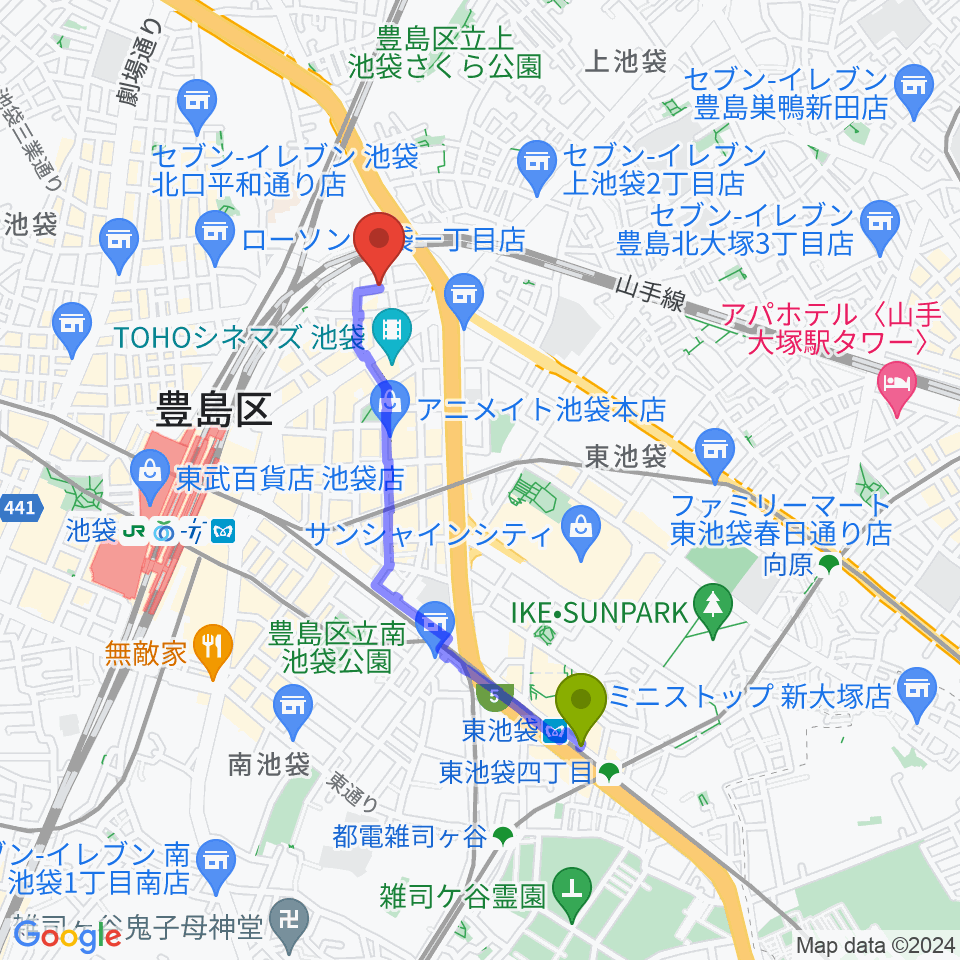 東池袋駅からシアターKASSAIへのルートマップ地図