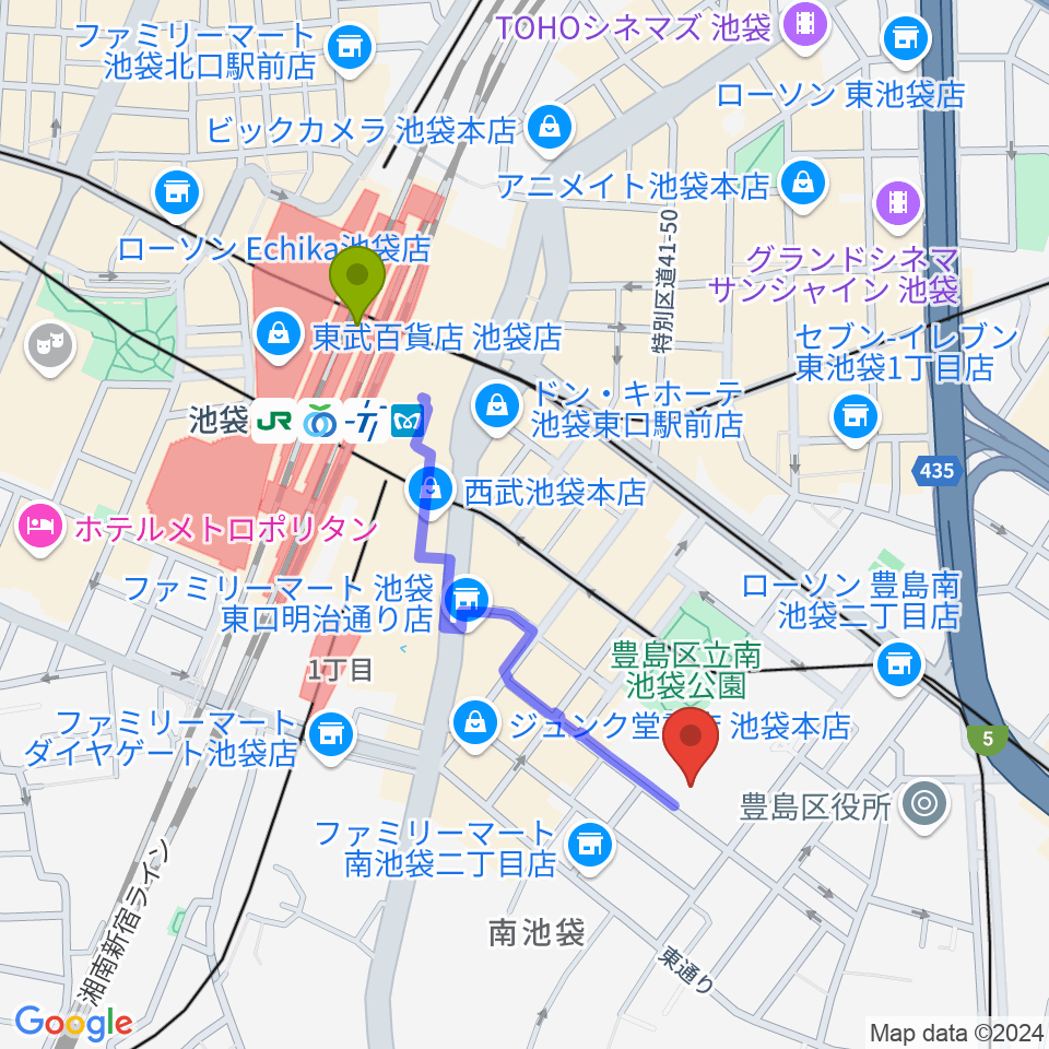 池袋駅からシアターグリーンへのルートマップ地図