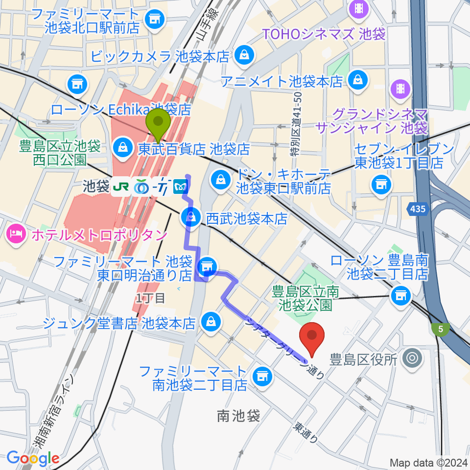 池袋駅からシアターグリーンへのルートマップ地図