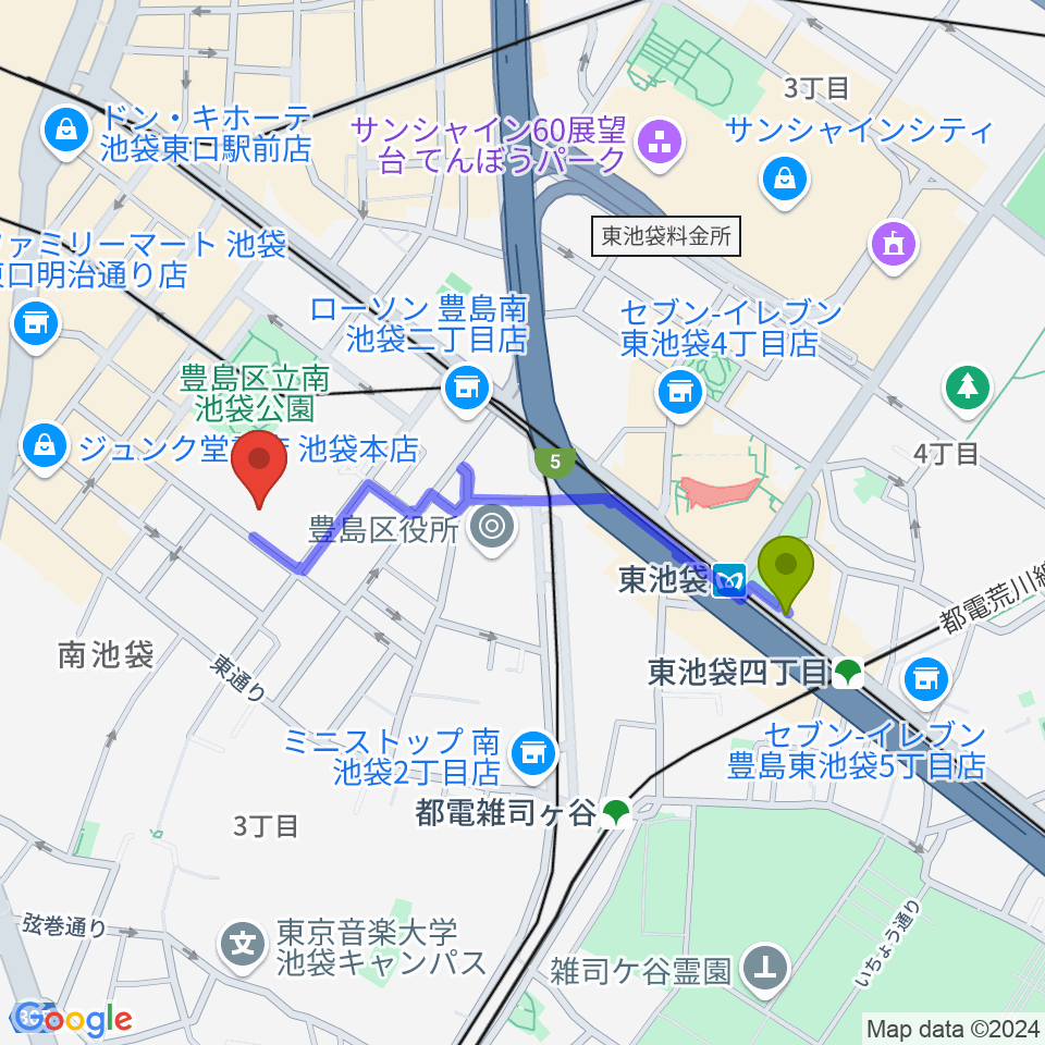 東池袋駅からシアターグリーンへのルートマップ地図