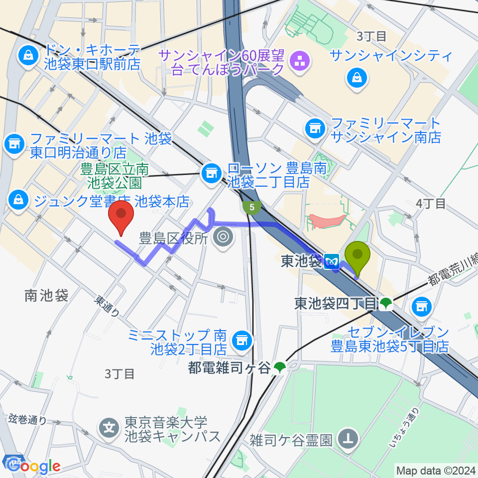 東池袋駅からシアターグリーンへのルートマップ地図