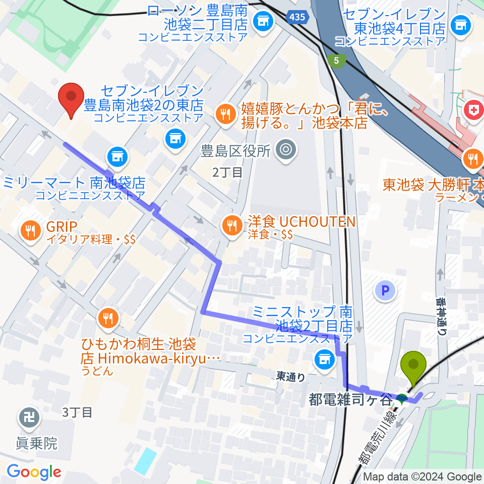 シアターグリーンの最寄駅都電雑司ヶ谷駅からの徒歩ルート（約7分）地図