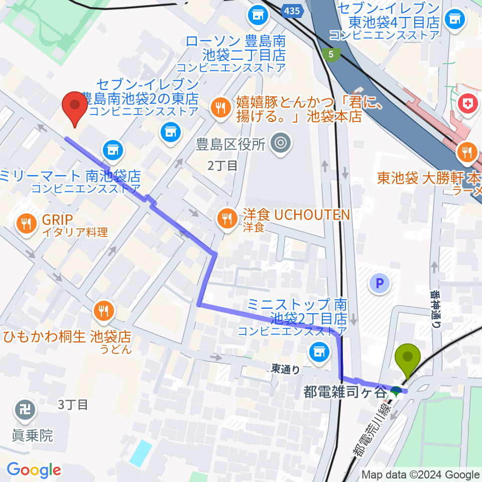 シアターグリーンの最寄駅都電雑司ヶ谷駅からの徒歩ルート（約7分）地図