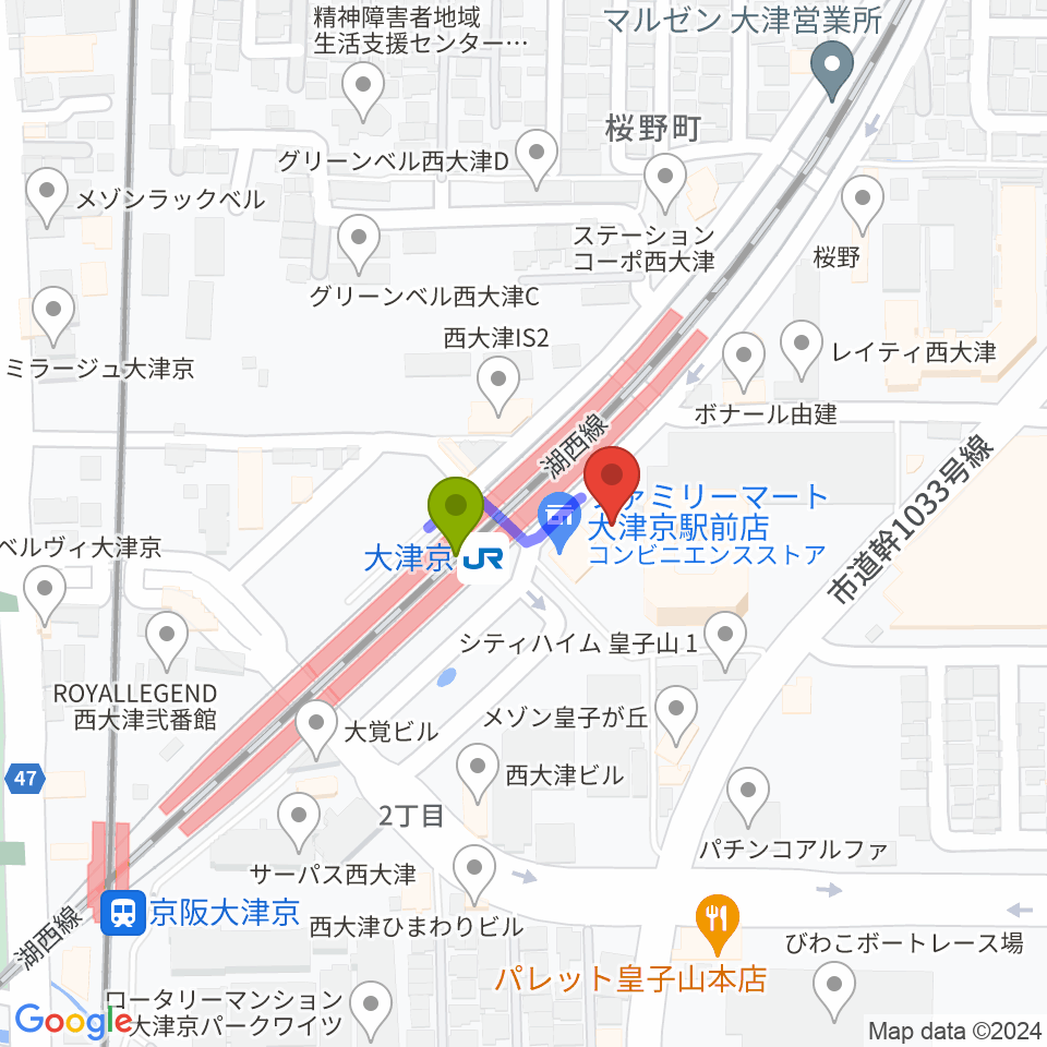 JEUGIAミュージックセンター大津京の最寄駅大津京駅からの徒歩ルート（約1分）地図