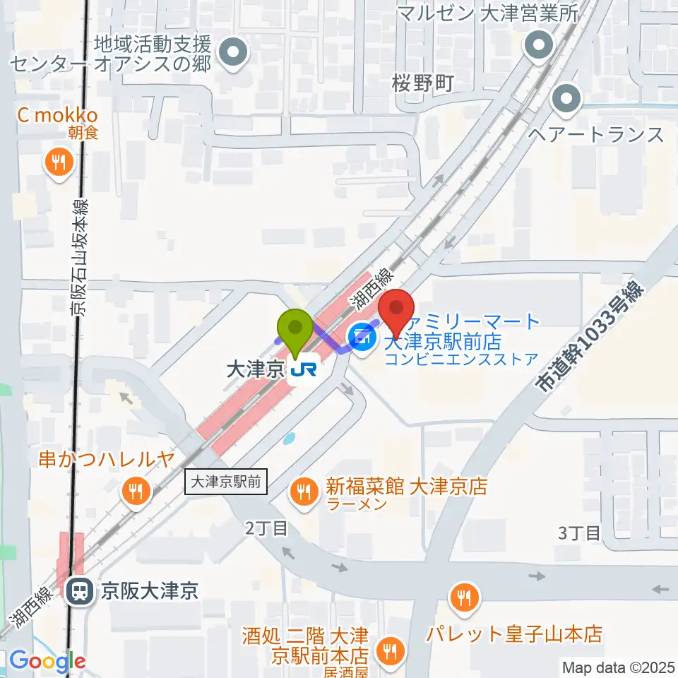 JEUGIAミュージックセンター大津京の最寄駅大津京駅からの徒歩ルート（約1分）地図