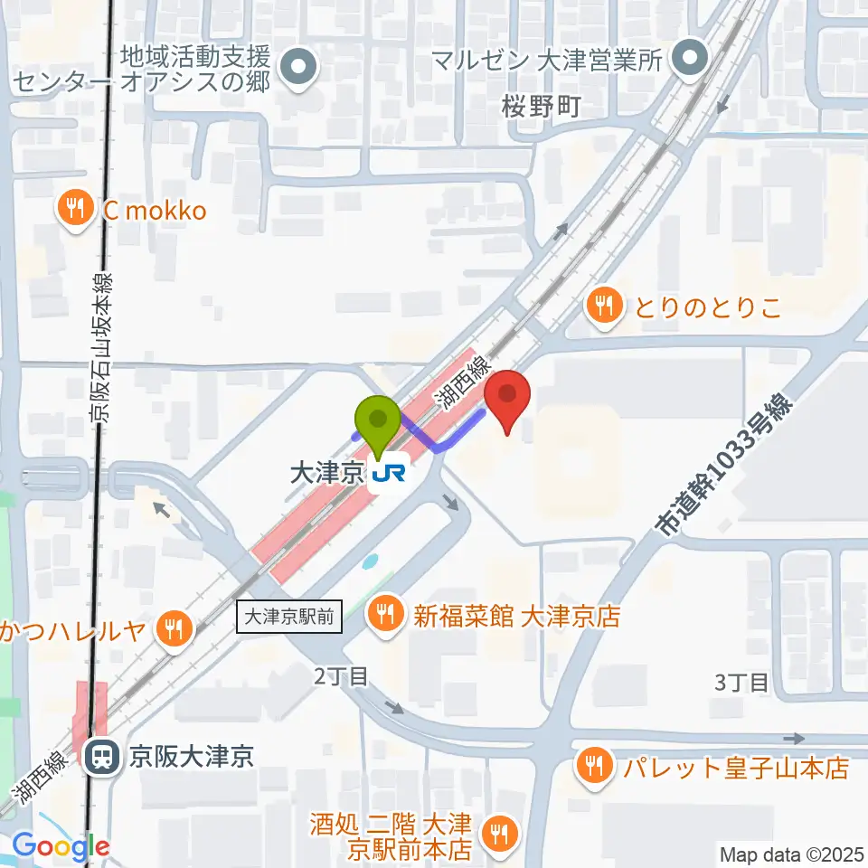 JEUGIAミュージックセンター大津京の最寄駅大津京駅からの徒歩ルート（約1分）地図