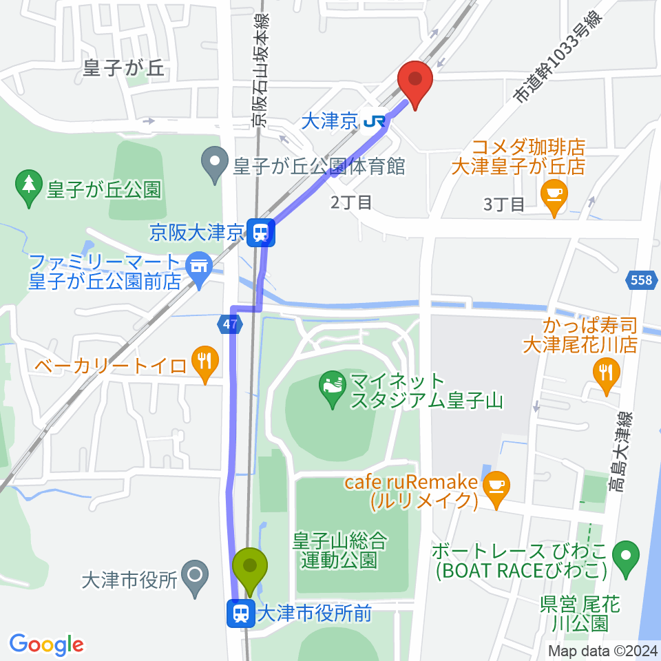 大津市役所前駅からJEUGIAミュージックセンター大津京へのルートマップ地図
