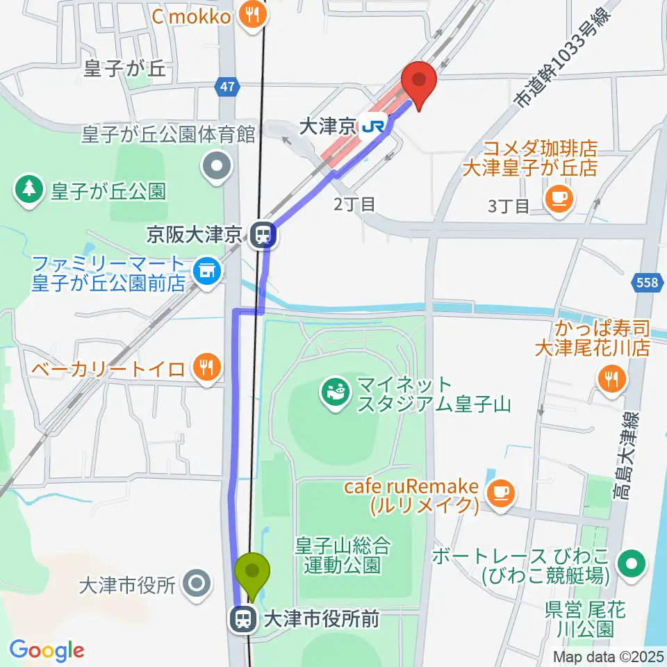 大津市役所前駅からJEUGIAミュージックセンター大津京へのルートマップ地図