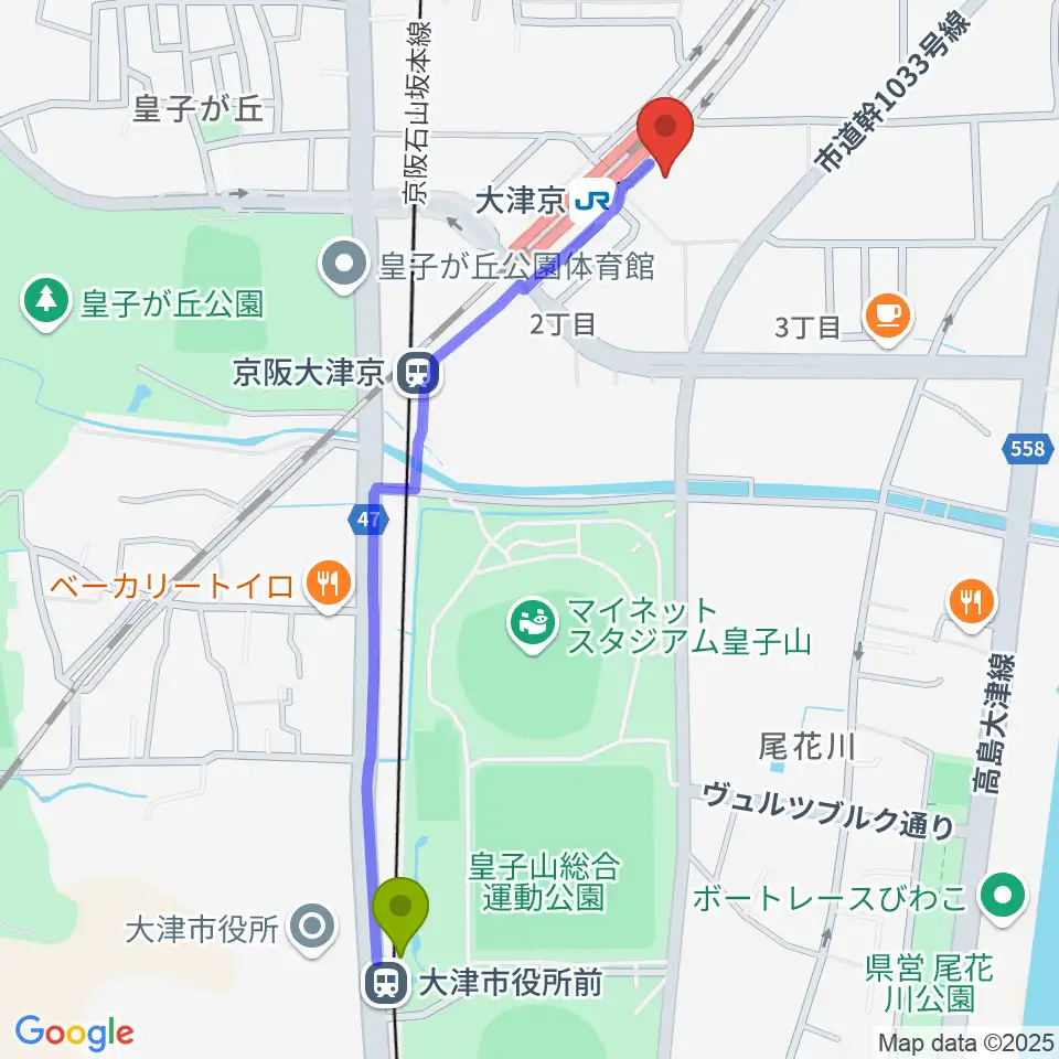 大津市役所前駅からJEUGIAミュージックセンター大津京へのルートマップ地図