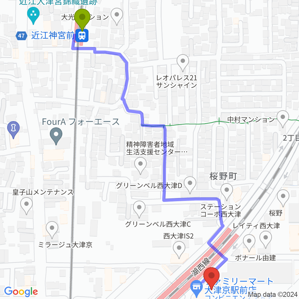 近江神宮前駅からJEUGIAミュージックセンター大津京へのルートマップ地図