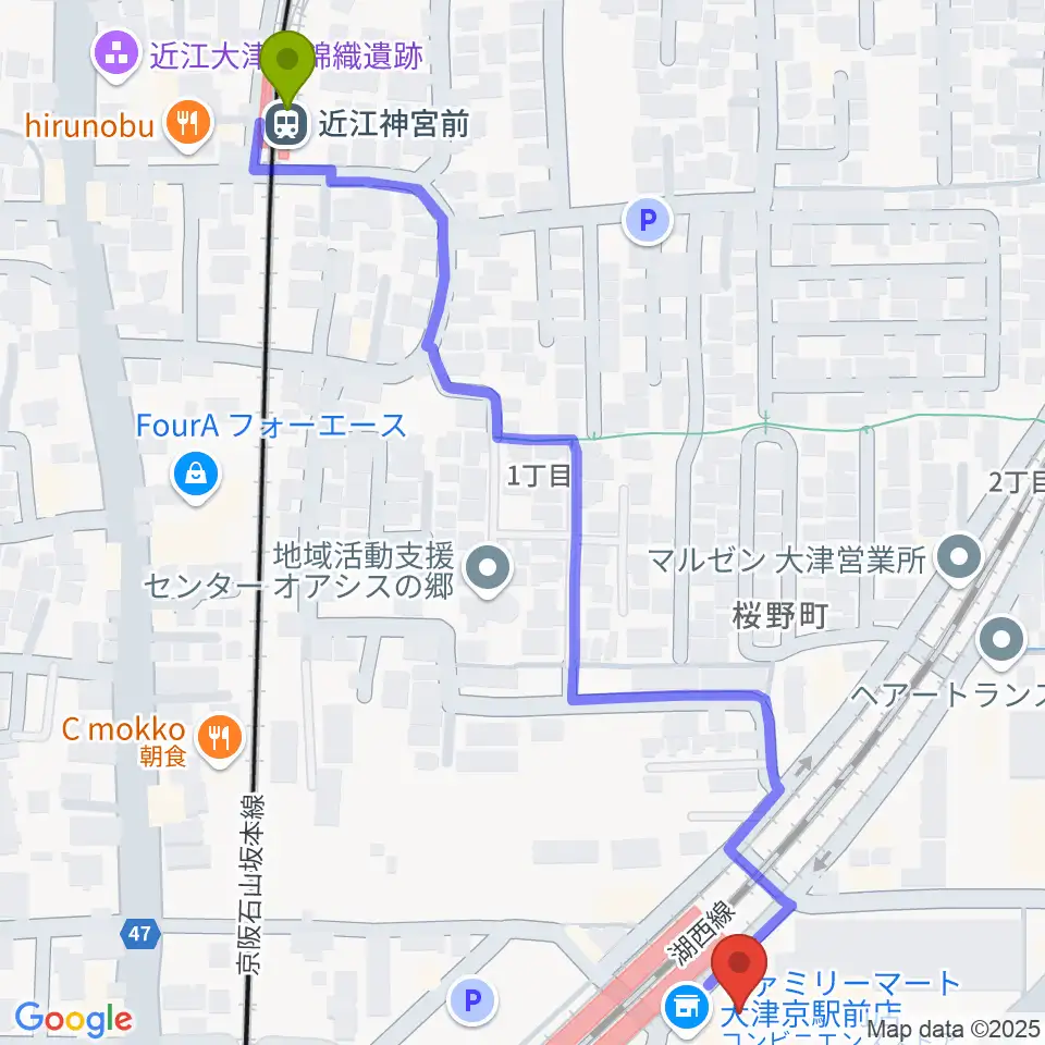 近江神宮前駅からJEUGIAミュージックセンター大津京へのルートマップ地図