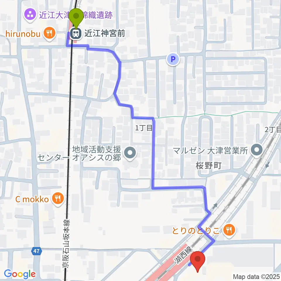 近江神宮前駅からJEUGIAミュージックセンター大津京へのルートマップ地図