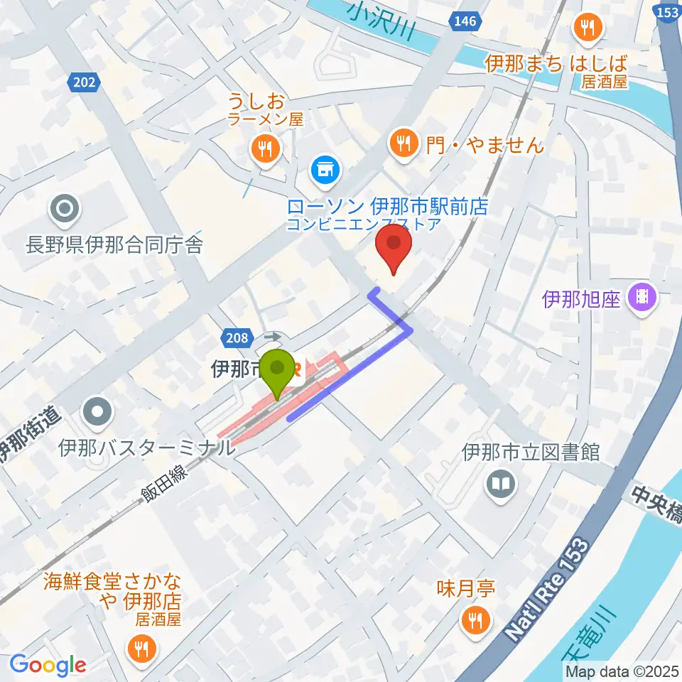 伊那グラムハウスの最寄駅伊那市駅からの徒歩ルート（約2分）地図