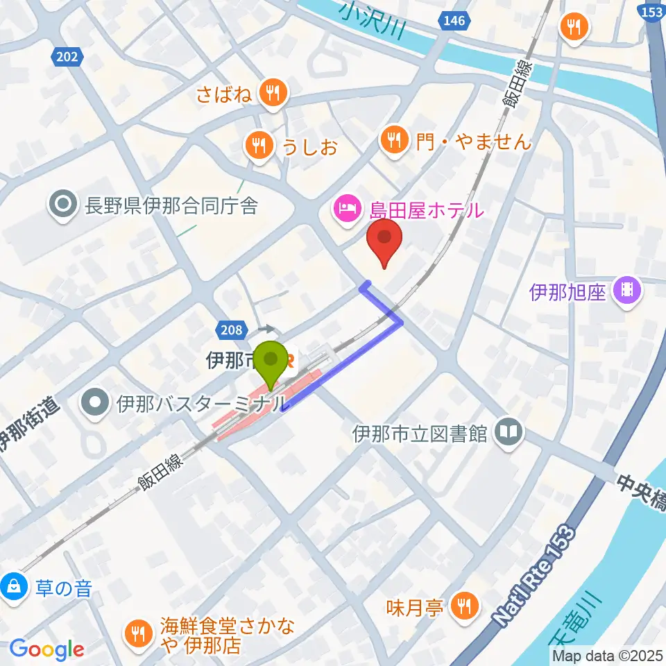 伊那グラムハウスの最寄駅伊那市駅からの徒歩ルート（約2分）地図