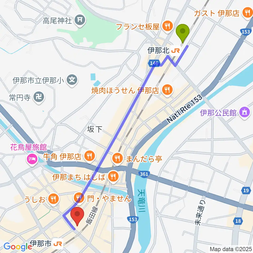 伊那北駅から伊那グラムハウスへのルートマップ地図