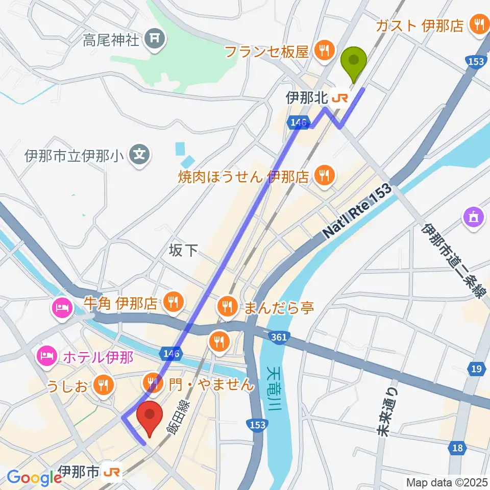 伊那北駅から伊那グラムハウスへのルートマップ地図