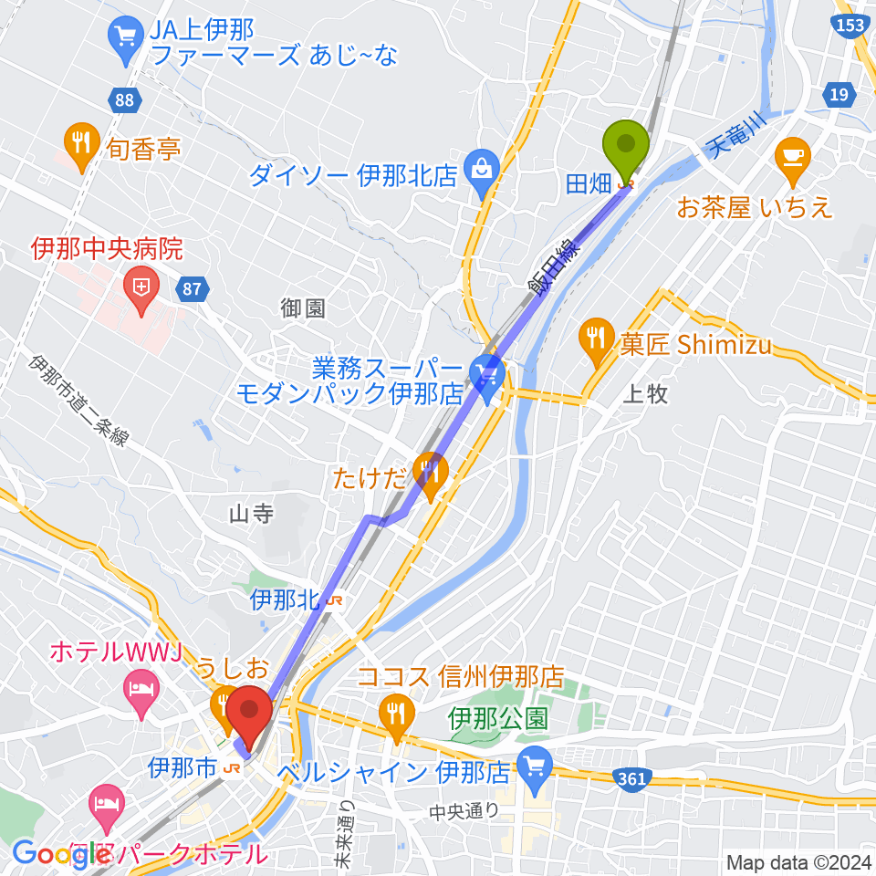 田畑駅から伊那グラムハウスへのルートマップ地図