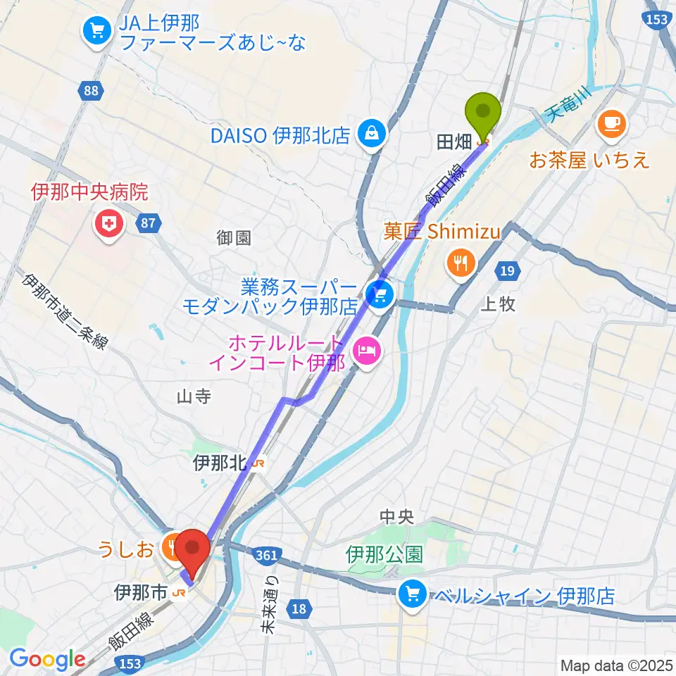 田畑駅から伊那グラムハウスへのルートマップ地図
