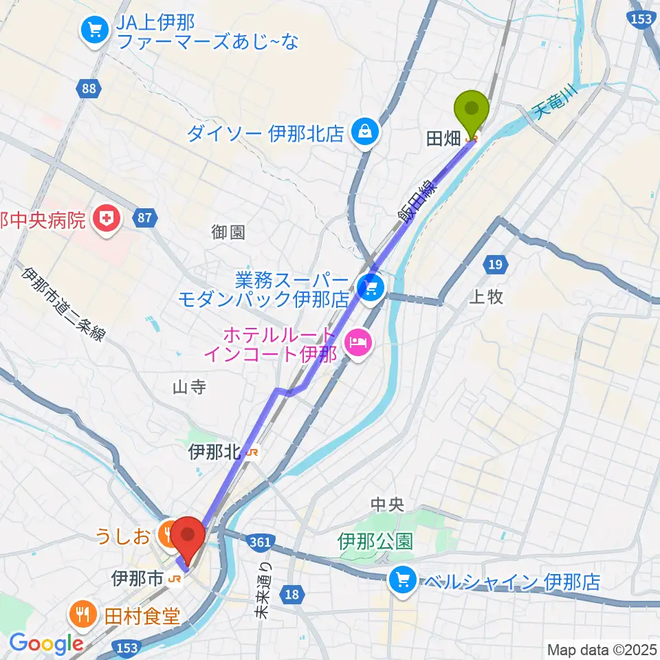 田畑駅から伊那グラムハウスへのルートマップ地図