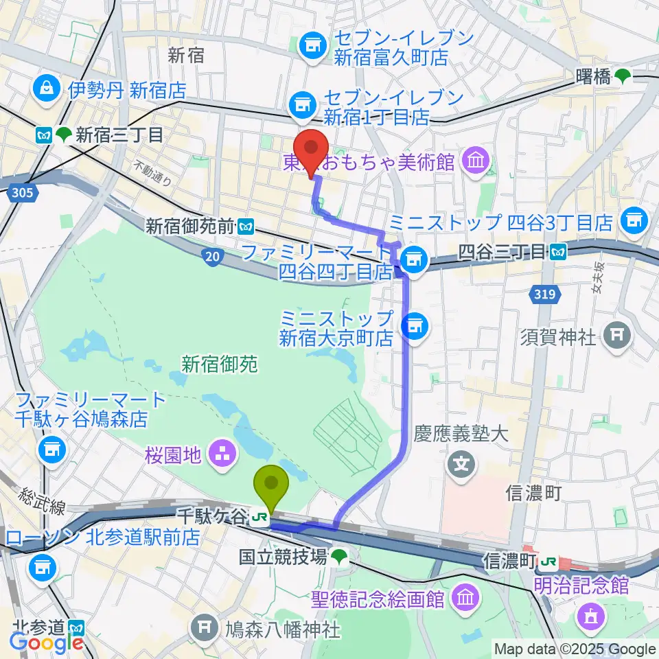 千駄ケ谷駅から新宿シアターサンモールへのルートマップ地図