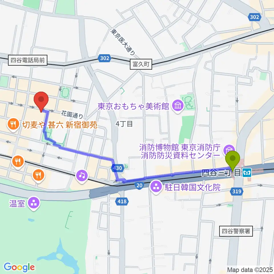 四谷三丁目駅から新宿シアターサンモールへのルートマップ地図