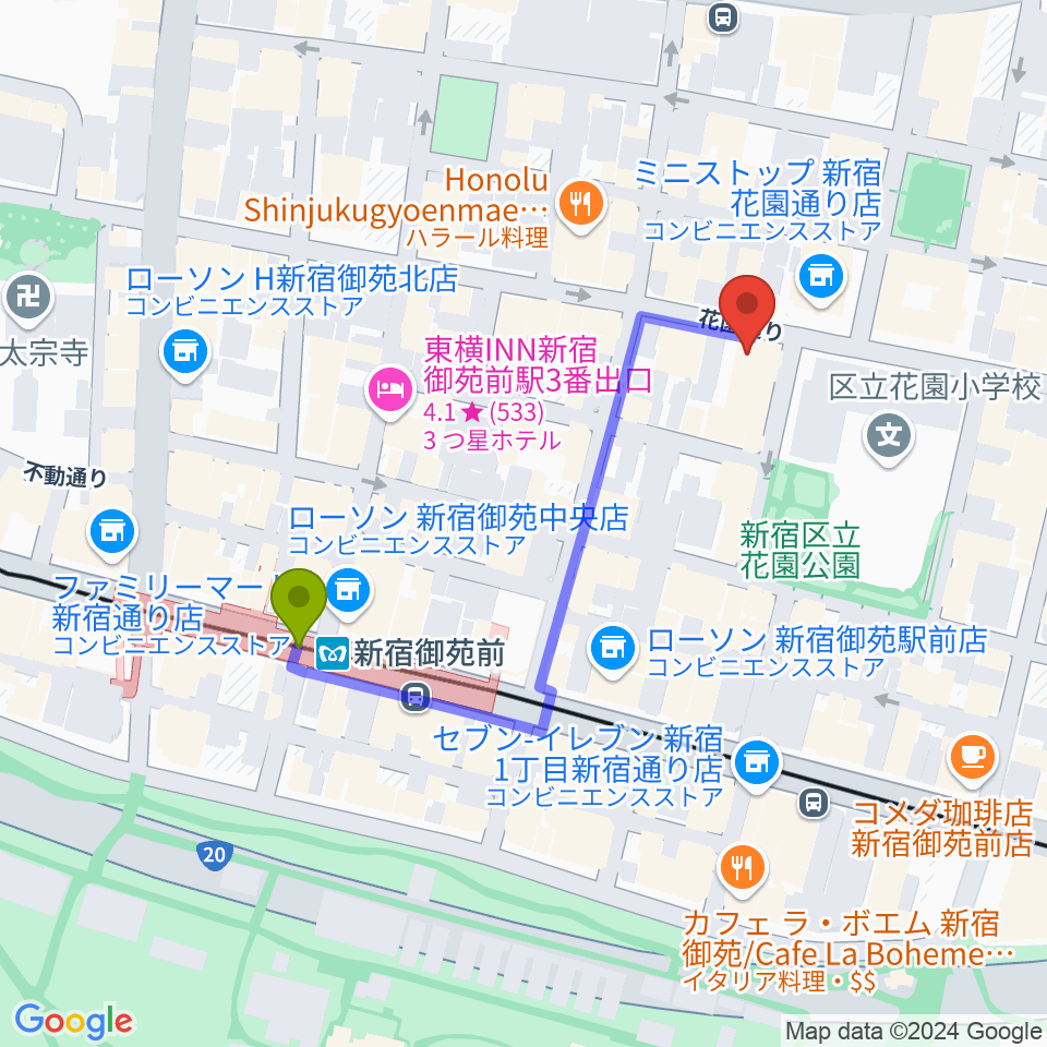 新宿シアターサンモールの最寄駅新宿御苑前駅からの徒歩ルート（約4分）地図