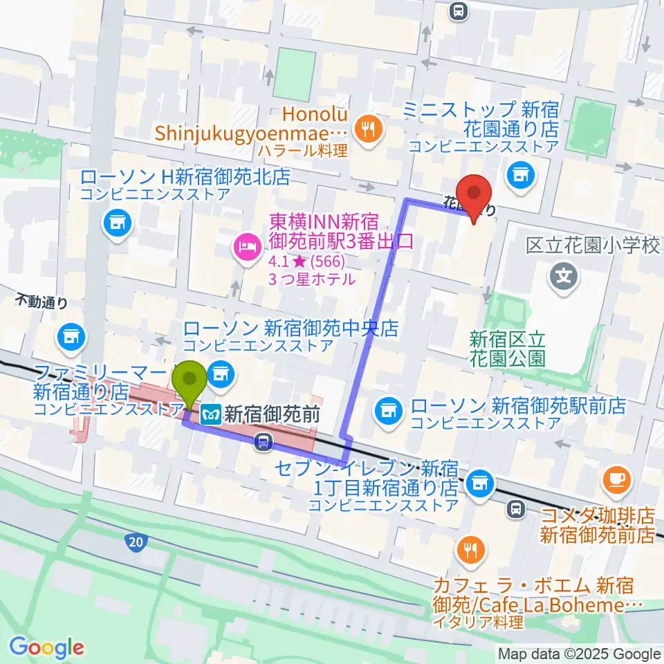 新宿シアターサンモールの最寄駅新宿御苑前駅からの徒歩ルート（約4分）地図