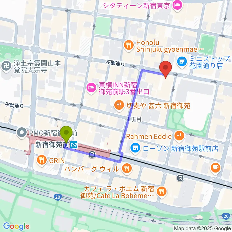 新宿シアターサンモールの最寄駅新宿御苑前駅からの徒歩ルート（約4分）地図