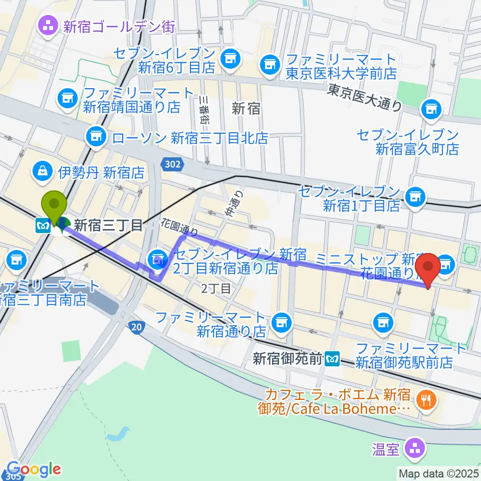 新宿三丁目駅から新宿シアターサンモールへのルートマップ地図